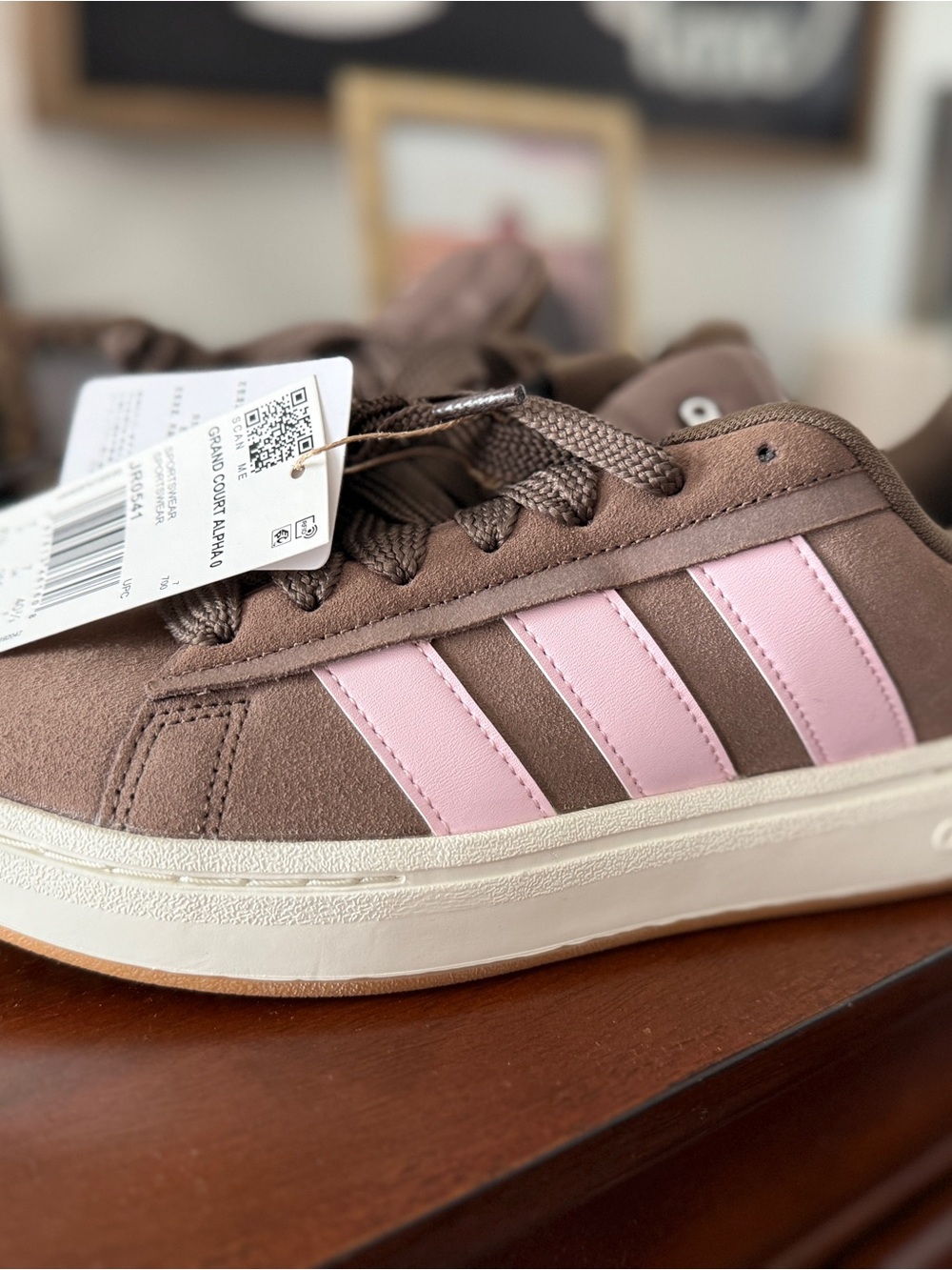 adidas Women's Ground Court Alpha - Brown Suede Sneakers with Pink Stripes